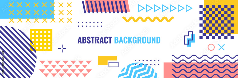 Poster Abstract geometric modern Memphis banner with color and shape elements, vector background. Memphis pattern banner with modern or retro Y2K geometric shapes and isometric elements or minimal figures
