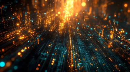 Obraz premium A cityscape with glowing data streams, representing the interconnected nature of smart cities and AI technology.