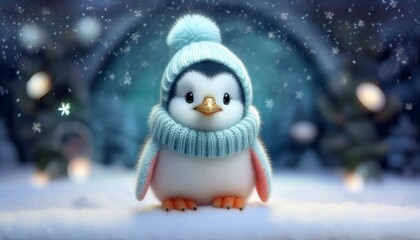Obraz premium Little cute baby penguin on cold Winter Christmas day in warm clothes. Snowy background. Illustration of a small fictional creature from a child's imagination,copy text space