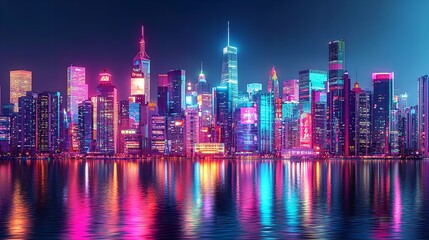 Obraz premium A Vibrant Cityscape with Glowing Neon Lights Reflected on Wet Streets