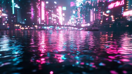 A Vibrant Cityscape with Glowing Neon Lights Reflected on Wet Streets