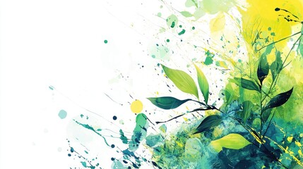 Vibrant watercolor illustration of green leaves and splashes of color on a white background.