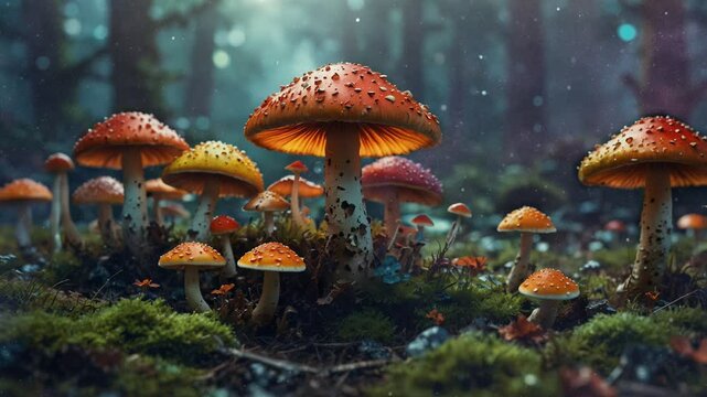 fantasy illustration of mushrooms in colorful forest. looping animated video