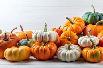 Obraz premium A Vibrant Display of Colorful Pumpkins on a White Background with Ample Copy Space for Creative Use in Seasonal Decor, Marketing, or Fall-Themed Content Creation