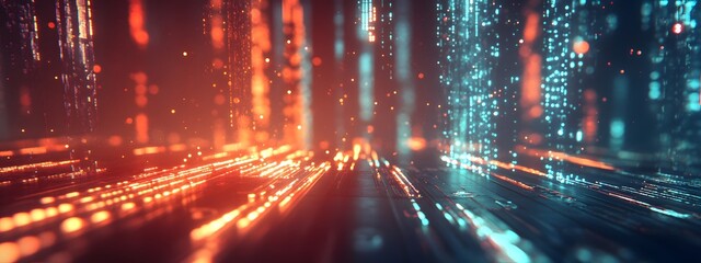 A cityscape with glowing data streams, representing the interconnected nature of smart cities and AI technology.