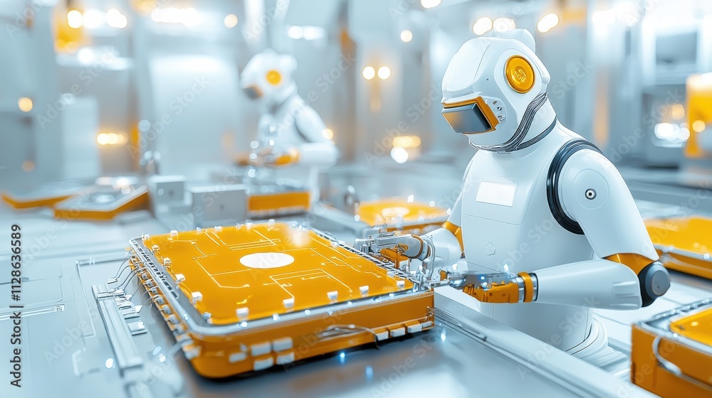 Fototapete Automated robotic systems sealing electric vehicle battery modules in a controlled cleanroom environment for enhanced efficiency and safety