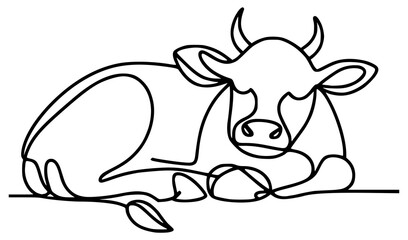 one line drawing cute cow sleeping farm animal vector illustration template design