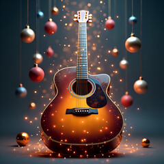 Elegant Acoustic Guitar Surrounded by Sparkling Christmas Decorations in Warm Ambient Light