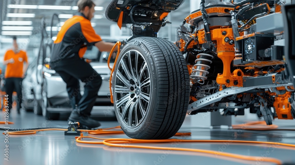 Leinwandbilder technicians calibrating ev batteries for range optimization in automotive workshops technical manual