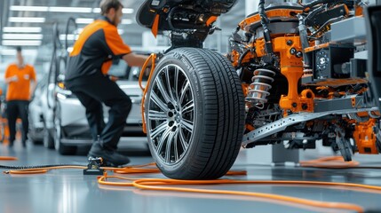 Obraz premium Technicians calibrating ev batteries for range optimization in automotive workshops technical manuals and engineering environments