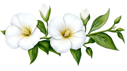 Obraz premium Delicate White Flowers with Green Leaves on a Branch Creating a Serene and Fresh Floral Arrangement Ideal for Nature and Wellness Themes