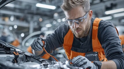 Workers assembling electric vehicle battery enclosures with safety standards in automotive manufacturing plant industrial environment focused viewpoint on quality control