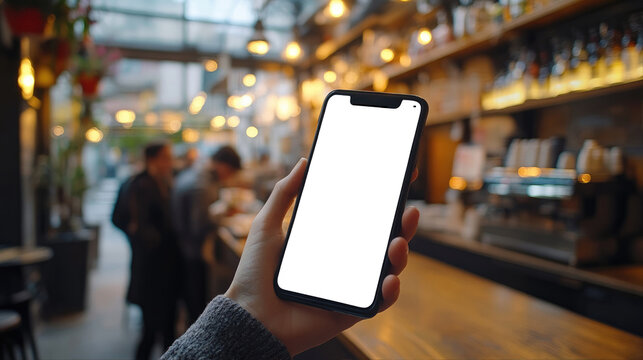 Blank phone screen in a cafe