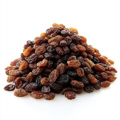 Pile of raisins isolated on white background, angled view
