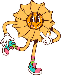 Cartoon groovy cookie, pastry and bakery character with a circular shape and ruffled edges. Isolated vector fun and energetic biscuit retro personage joyfully posing with playful face and tongue out