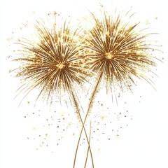 Two fireworks blooming, in golden yellow and white colors, on a white background