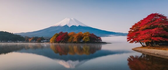 view of Mount Fuji, partially shrouded in mist, with vibrant autumn foliage in the foreground.