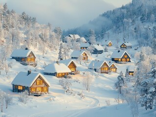 Naklejka premium Snow-covered wooden cabins glow warmly on a hillside at twilight.