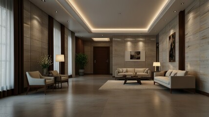 Modern minimalist living room interior design with beige sofas, armchairs, and stone walls.