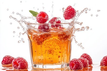 Raspberries in juice splash isolated white background