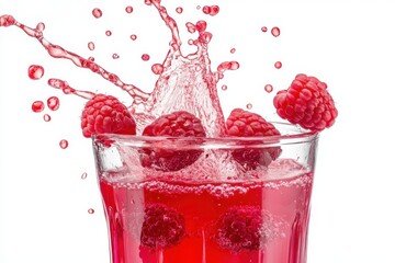 Raspberries in juice splash isolated white background