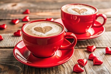 Valentine's Day concept for cafes and restaurants. Red latte coffee cups with hearts around. Hot drinks for lovers.