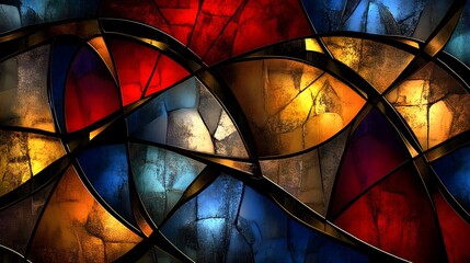 Abstract stained glass window with red, blue, and gold hues.