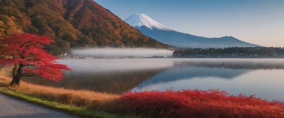 view of Mount Fuji, partially shrouded in mist, with vibrant autumn foliage in the foreground.