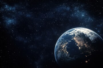 Fototapeta premium Earth illuminated in the vastness of space during night time