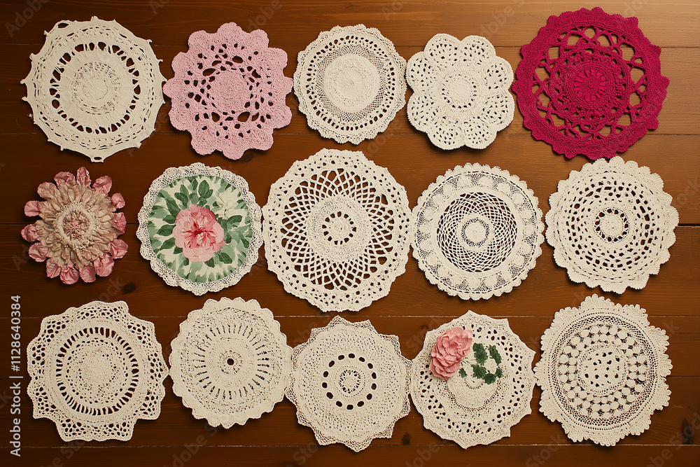 Poster a collection of vintage doilies in varying patterns arranged on a wooden surface