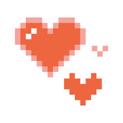 Fototapeta premium Three pink hearts, pixel art, digital drawing, retro style. Trendy modern vector illustration isolated on white background, flat design