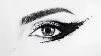 Close-up monochrome shot of a woman's eye with dramatic, smudged eyeliner.