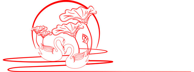 Line art swans Illustration background with a valentine day