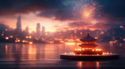 Colorful Fireworks Sparkle Above a Chinese Temple at Night