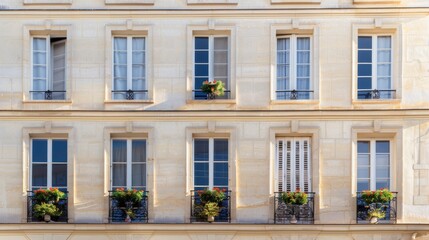 Fototapeta premium Elegant Parisian building, modern minimalist architecture, full wall with windows and doors, warm sunlight, serene urban setting, no people present.