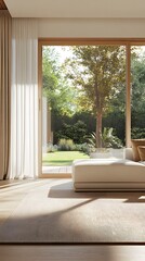 Fototapeta premium Photo of a modern living room with large windows and light wood floors, a beige sofa