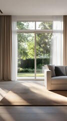 Fototapeta premium Photo of a modern living room with large windows and light wood floors, a beige sofa