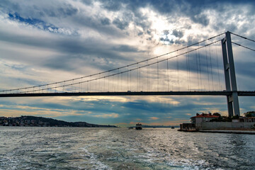 view from a pleasure boat on the Bosphorus and Bosphorus Bridge and cityscape of Istanbul, Turkey, the architecture of the city, a popular tourist destination.