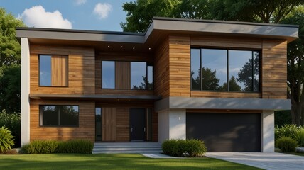 Modern wood house exterior, two-story home with garage.