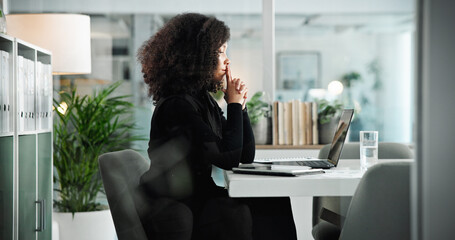 Laptop, thinking and business woman in office for online planning, problem solving and research....