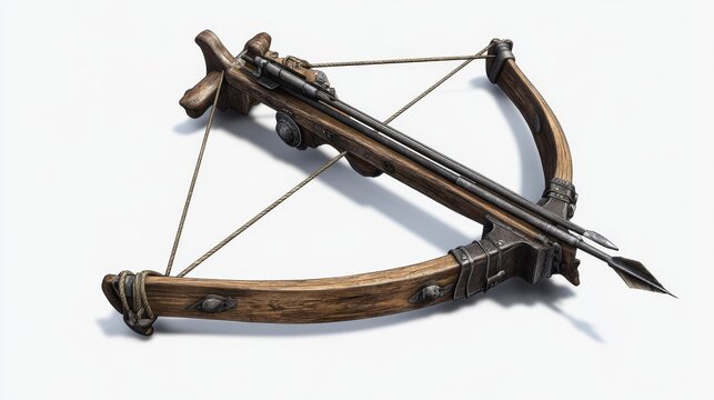 A beautifully crafted wooden crossbow with intricate details. This weapon embodies artistry and functionality. Perfect for enthusiasts and collectors. Generative AI