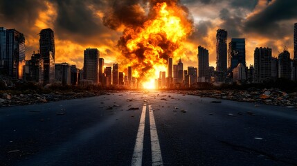 Obraz premium Apocalyptic Cityscape with Fiery Explosion at Dusk, Depicting Urban Desolation and Chaos, as Dark Clouds Loom Over the Smoke-Filled Horizon