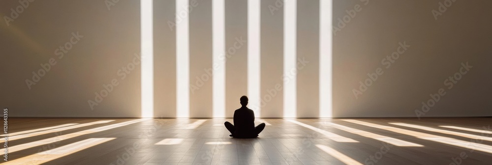 Poster a lone person meditates on the floor in a spacious gallery, illuminated by shafts of sunlight breaki