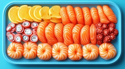Colorful sushi and fruit platter in a light-blue tray.  Arrangement of orange slices, salmon sushi pieces, and orange-colored rolled sweets.