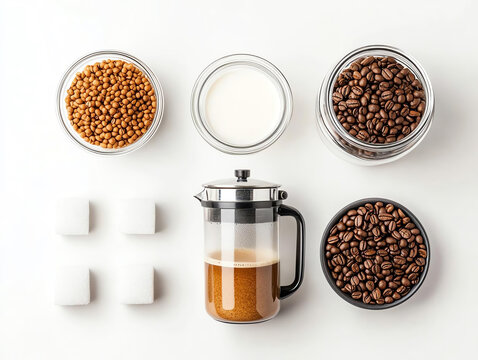 Aerial view of coffee ingredients including beans, milk, and sugar arranged for a brewing setup.