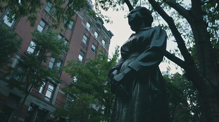 Crowds gather around the Christopher Columbus statue in a city square adorned with flowers on...