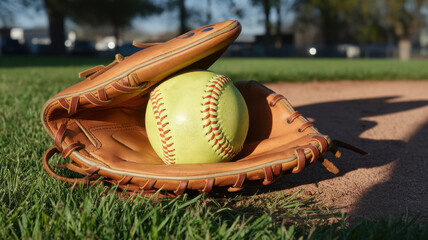 A close-up of a yellow softball resting inside a tan leather glove on a grassy field, capturing the essence of outdoor sports.