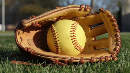 A close-up of a yellow softball resting inside a brown leather glove, set against a vibrant green grass background, perfect for a sport-focused theme.