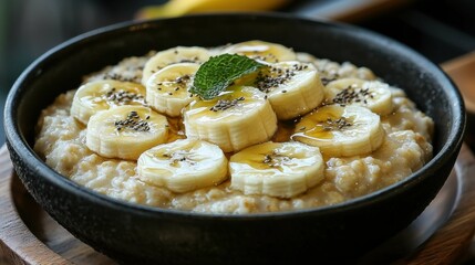 A delicious bowl of oatmeal topped with banana slices and honey, showcasing a nutritious breakfast option. Perfect for a sustainable lifestyle.