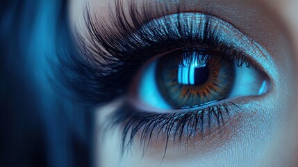 Fototapeta premium Close-up of a woman's eye with dramatic makeup and false eyelashes, illuminated with blue light.